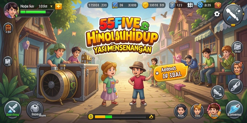 Screenshot utama 55FIVE menampilkan karakter yang sedang berinteraksi dalam gameplay simulasi.