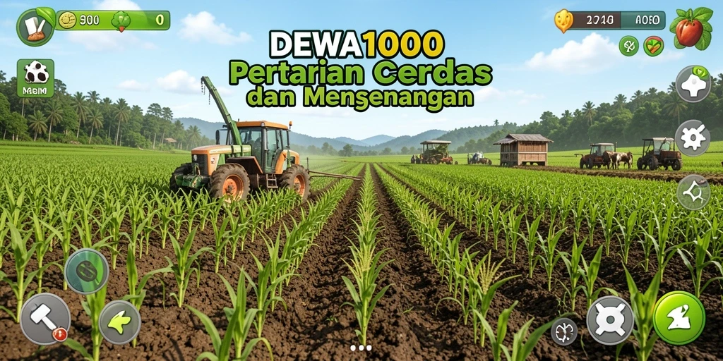 Screenshot gameplay DEWA1000 menampilkan ladang hijau yang subur dan tanaman beraneka ragam.