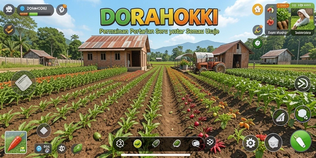 Tampilan gameplay DORAHOKI dengan suasana pertanian yang indah.