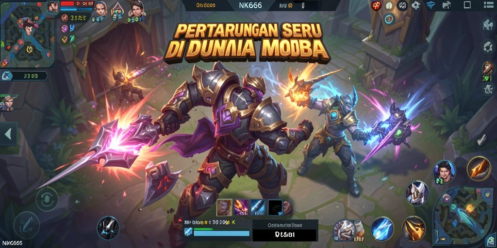 Tangkapan layar menyajikan aksi pertarungan MOBA yang mendebarkan.