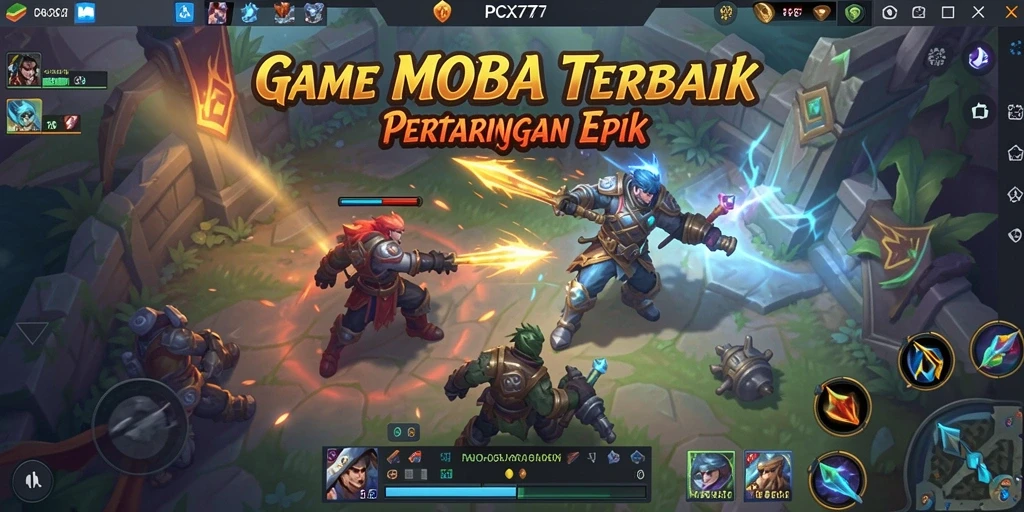 Tampilan menarik dari gameplay <strong>PCX777</strong> dengan pertarungan seru di arena MOBA.