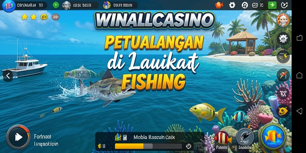 Screenshot gameplay WINALLCASINO menampilkan pemain menangkap ikan besar di lautan.